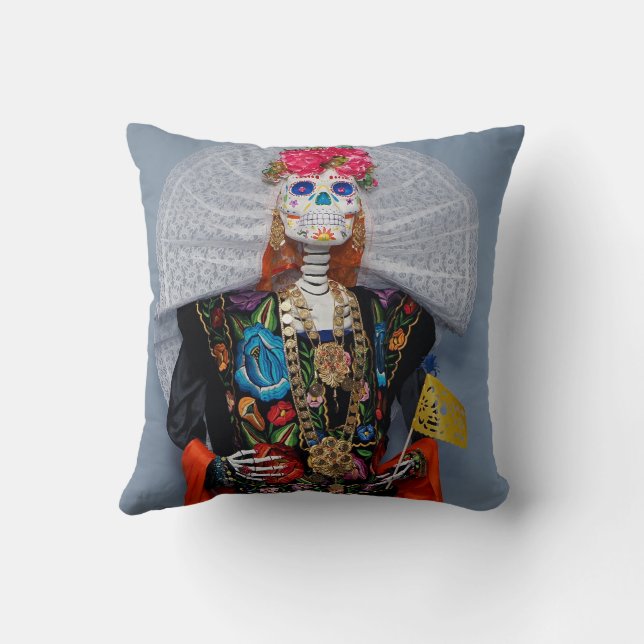 Oaxaca Calavera Catrina Tehuana Throw Pillow (Back)