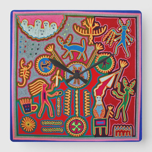 Oaxaca Mexico Mexican Mayan Tribal Art Boho Travel Square Wall Clock (Front)