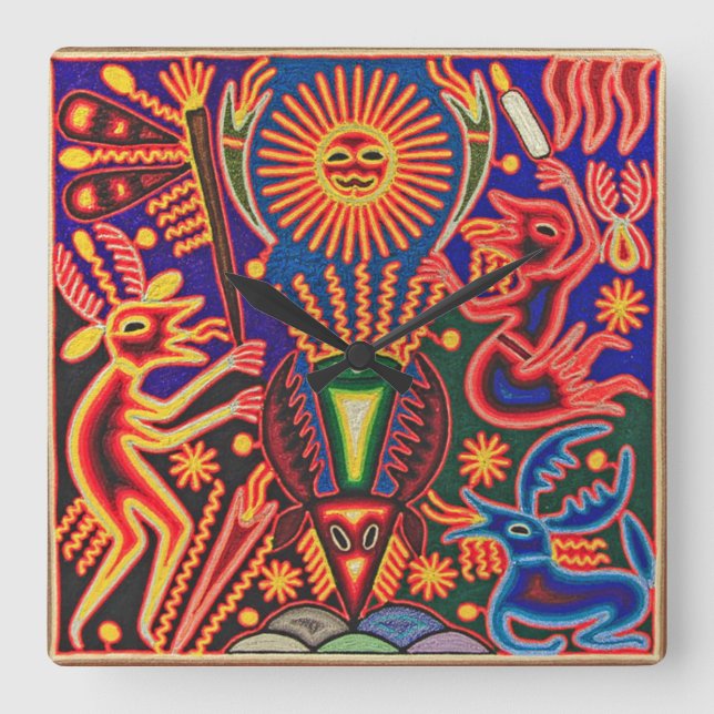 Oaxaca Mexico Mexican Mayan Tribal Art Boho Travel Square Wall Clock (Front)