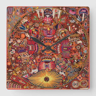 Oaxaca Mexico Mexican Mayan Tribal Art Boho Travel Square Wall Clock