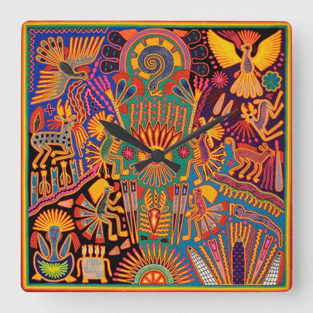 Oaxaca Mexico Mexican Mayan Tribal Art Boho Travel Square Wall Clock (Front)