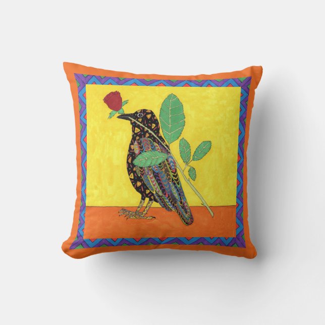 Oaxacan Crow & Red Rose Mexican Folk Art Throw Pillow (Front)