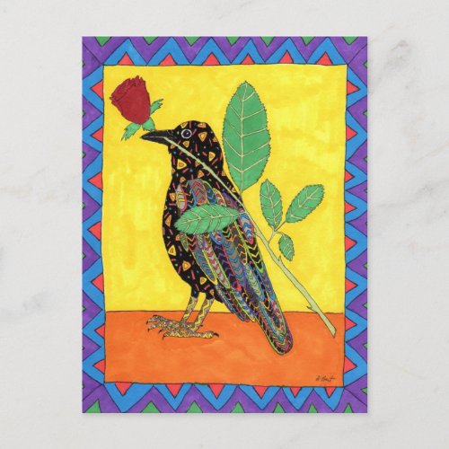 Oaxacan Crow with Red Rose Postcard