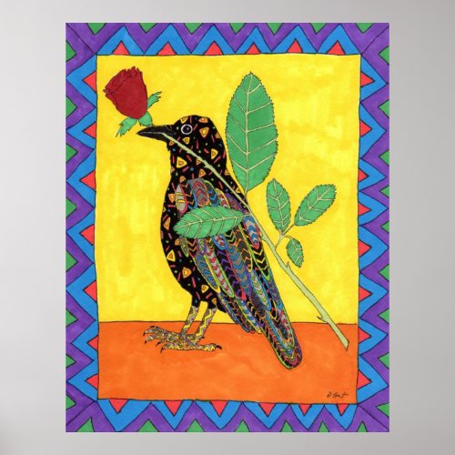 Oaxacan Crow with Red Rose Poster