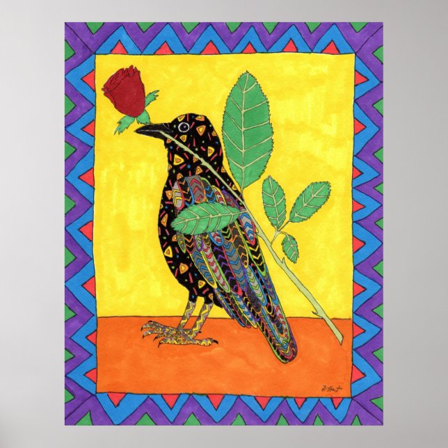 Oaxacan Crow with Red Rose Poster (Front)