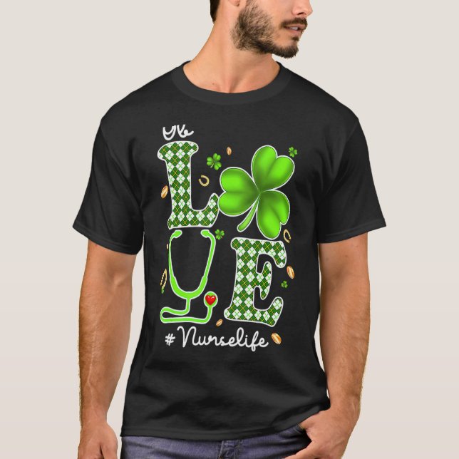 Ob Nurse St Patricks Day Love Stethoscope Rn Nurse T-Shirt (Front)