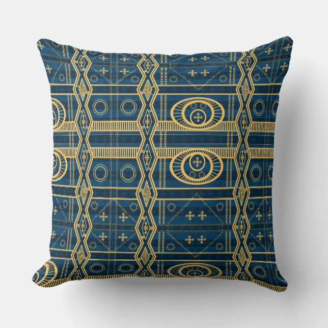 Oba’s Jewel: Mali Indigo and Gold Throw Pillow  (Front)