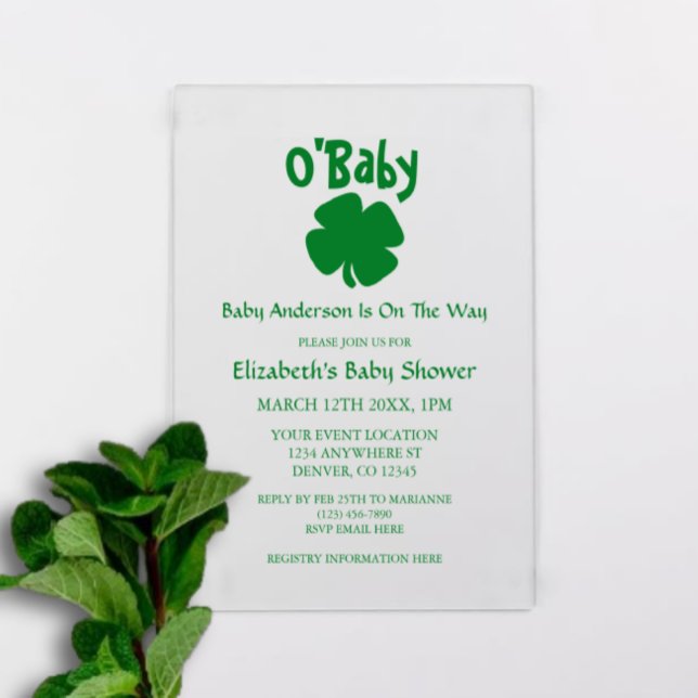O'Baby St Patrick's Day Baby Shower Acrylic Invitations (Creator Uploaded)