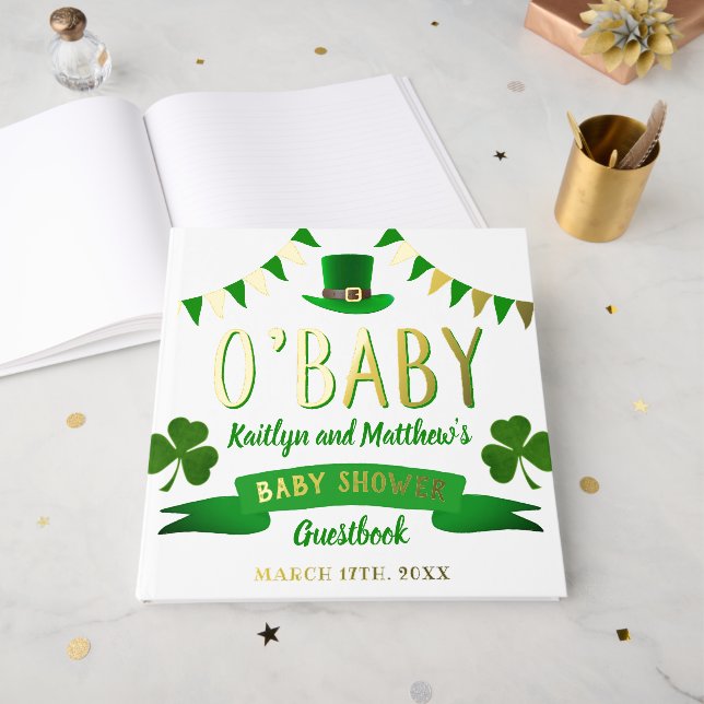 O'Baby St. Patrick's Day Baby Shower Real Foil Guest Book (Front Open)