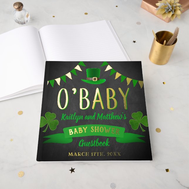 O'Baby St. Patrick's Day Baby Shower Real Foil Guest Book (Front Open)