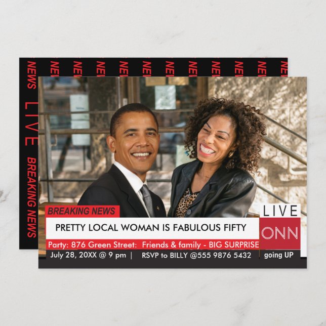 Obama 50th Birthday Womens Funny TV News Invitation (Front/Back)