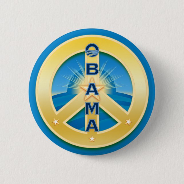Obama GoldStar Peace Button, round on blue Button (Front)