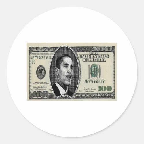 Obama on 100 bill classic round sticker