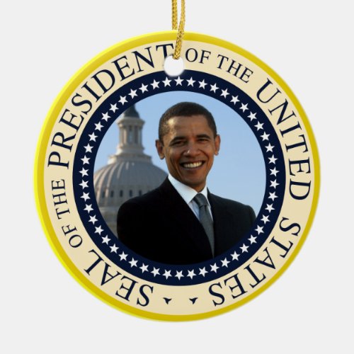 Obama Portrait in Official Presidential Seal Ceramic Ornament