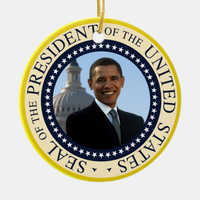 Obama Portrait in Official Presidential Seal Ceramic Ornament (Front)