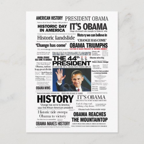 Obama The 44th President Headline Collage Postcard