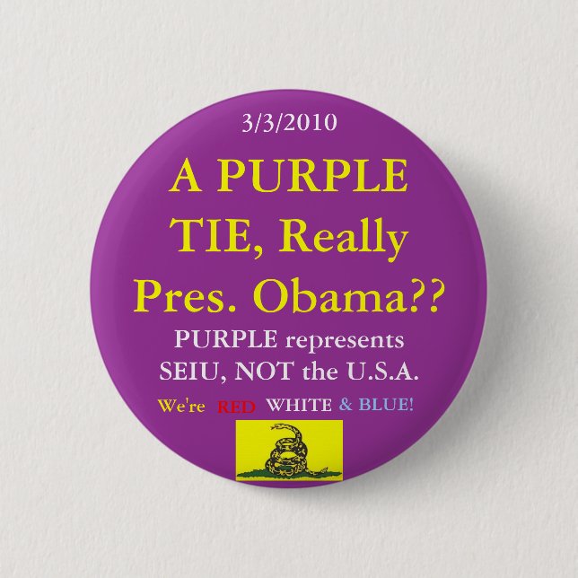 Obama Wears SEIU Purple Pinback Button (Front)