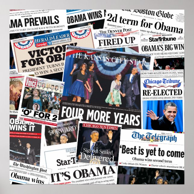 Obama Wins 2012 Front Page Newspaper Collage Poster (Front)