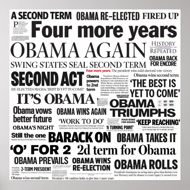 Obama Wins 2012 Newspaper Headline Collage Poster (Front)