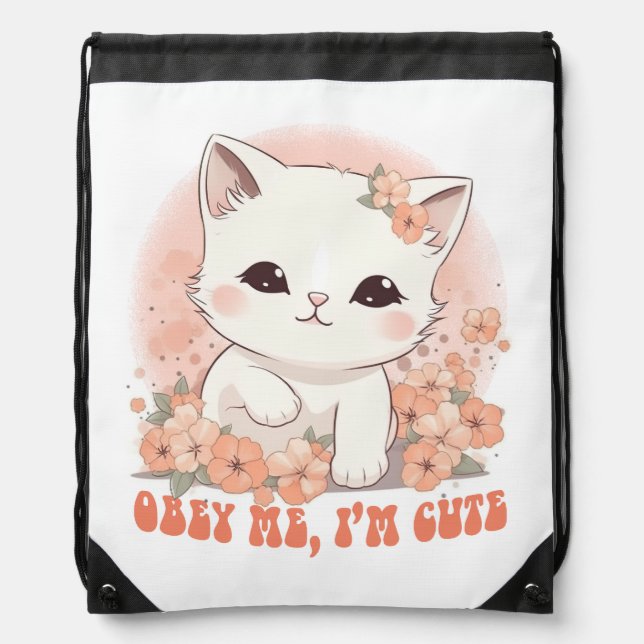 Obey Kitty! Cute Chibi Kitten Drawstring Bag (Front)