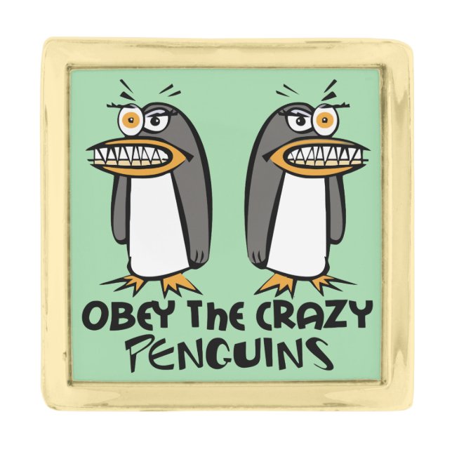 Obey the crazy Penguins Graphic Design Gold Finish Lapel Pin (Front)