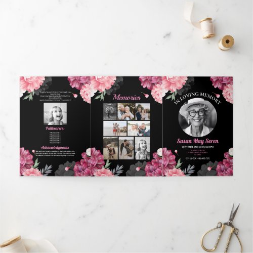 Obituary Celebration Life Photo Pink Floral Tri_Fold Invitation