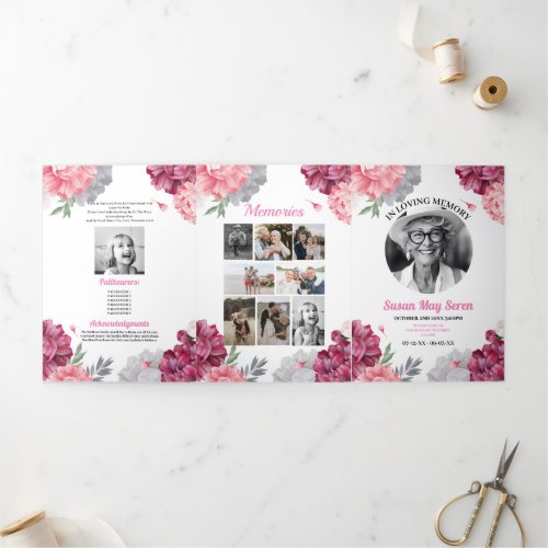 Obituary Celebration Life Photo Pink Floral White Tri_Fold Invitation