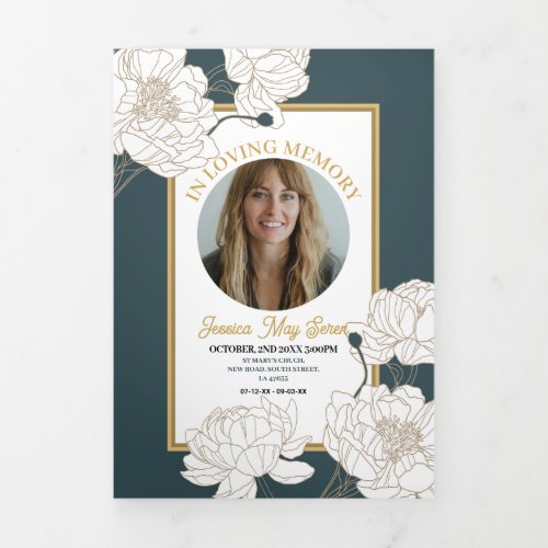 Obituary Celebration of Life Photo Flowers Green Tri_Fold Invitation