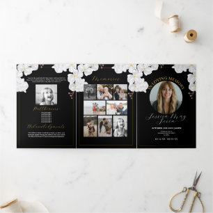 Obituary Celebration of Life Photo Flowers White Tri-Fold Invitation