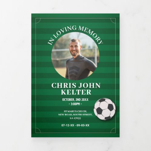 Obituary Celebration of Life Photo Football Soccer Tri_Fold Invitation