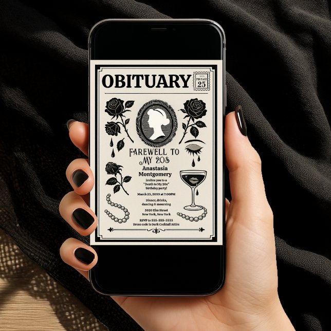 A woman's hand with black nail polish is holding a phone on which can be seen an obituary-style invitation. 