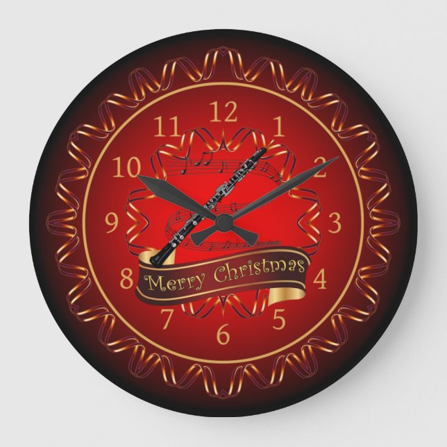 Oboe, Merry Christmas, Maroon & Black ~  Large Clock (Front)