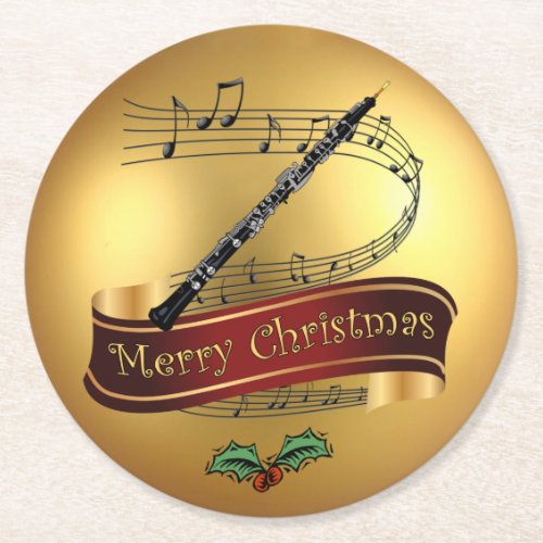 Oboe  Musical Scroll  Gold  âœMerry Christmasâ  Round Paper Coaster