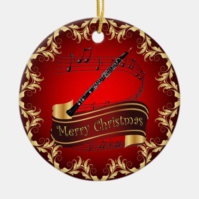 Oboe ~ Musical Scroll ~ Merry Christmas ~ * ~  Ceramic Ornament (Front)