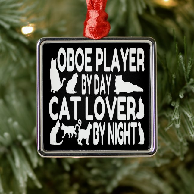 Oboe Player Loves Cats Metal Ornament (Tree)