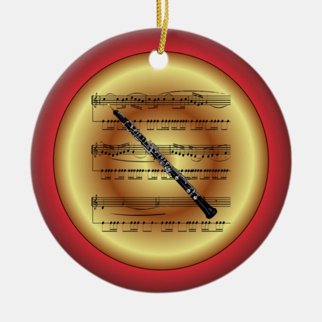 Oboe ~ Sheet Music ~ Red/Green/Gold ~ Christmas ~ Ceramic Ornament (Front)