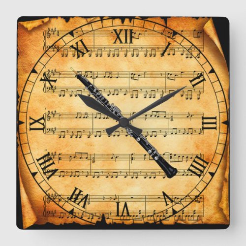 Oboe  Vintage Sheet Music Background  Unique Square Wall Clock