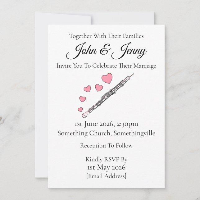 Oboe Wedding Invitation Oboist Woodwind Musicians (Front)