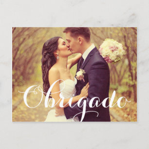 Obrigado Elegant White Script Wedding Photo Postcard