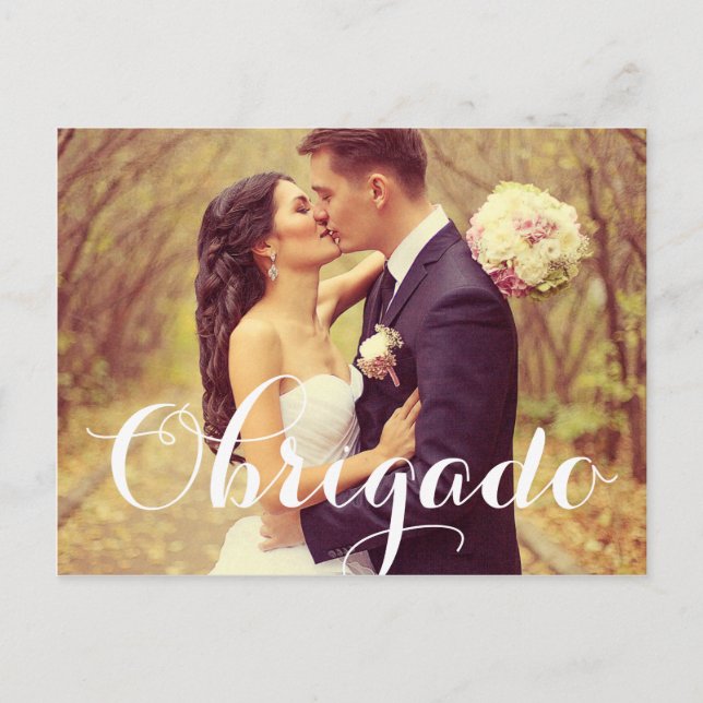Obrigado Elegant White Script Wedding Photo Postcard (Front)