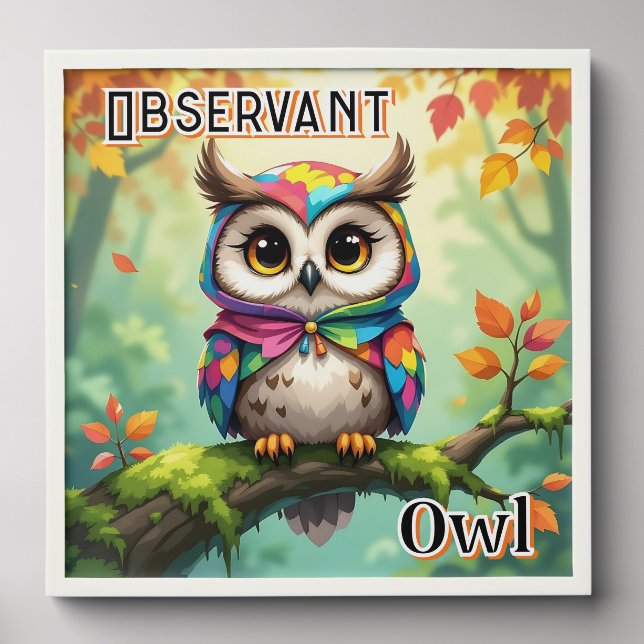 Observant Owl | Cute Cartoon Kid's Nursery Art Peel And Stick Photo Tile (Front Set)