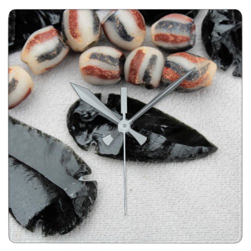 Obsidian Arrowheads with Rust & Black Glass Beads Square Wall Clock