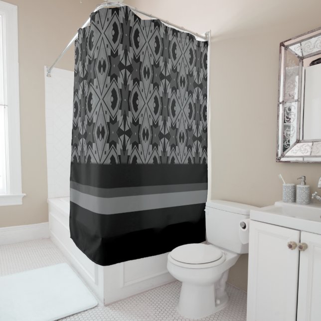 Obsidian Echoes: Modern Monochrome Shower Curtain (In Situ)