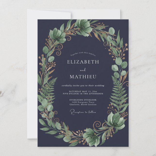 Obsidian Fern Wreath Wedding Invitation (Front)