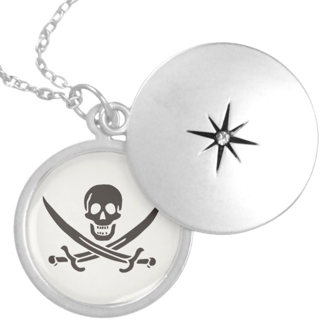 Obsidian Skull Swords Pirate flag of Calico Jack Locket Necklace (Front)