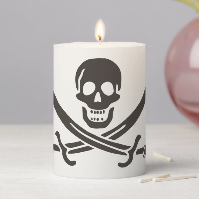 Obsidian Skull Swords Pirate flag of Calico Jack Pillar Candle (In Situ)