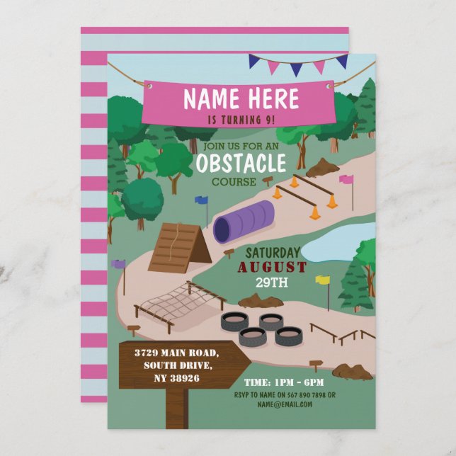 Obstacle Course Birthday Party Adventure Park Pink Invitation (Front/Back)