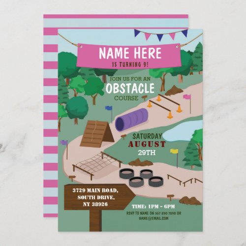 Obstacle Course Birthday Party Adventure Park Pink Invitation