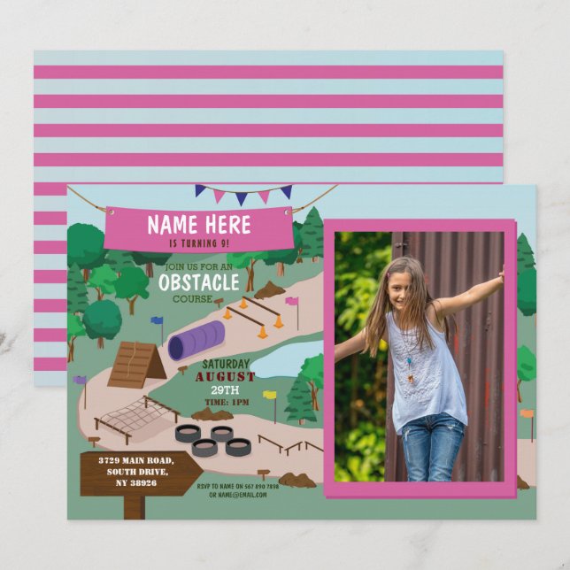 Obstacle Course Birthday Photo Adventure Park Pink Invitation (Front/Back)