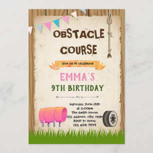 Obstacle course girl birthday party invitation